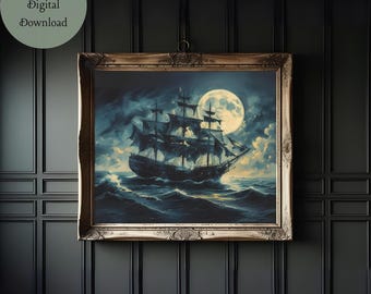 Ghost Ship Decor | Ghost Ship Print | Dark Nautical Art | Nautical Halloween Decor | Sailing Ship Art Print | Coastal Gothic Printable |