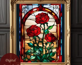 Rose Stained Glass Printable | Printable Stained Glass Wall Art | Stained Glass Rose Digital Download | Castlecore Wall Decor |
