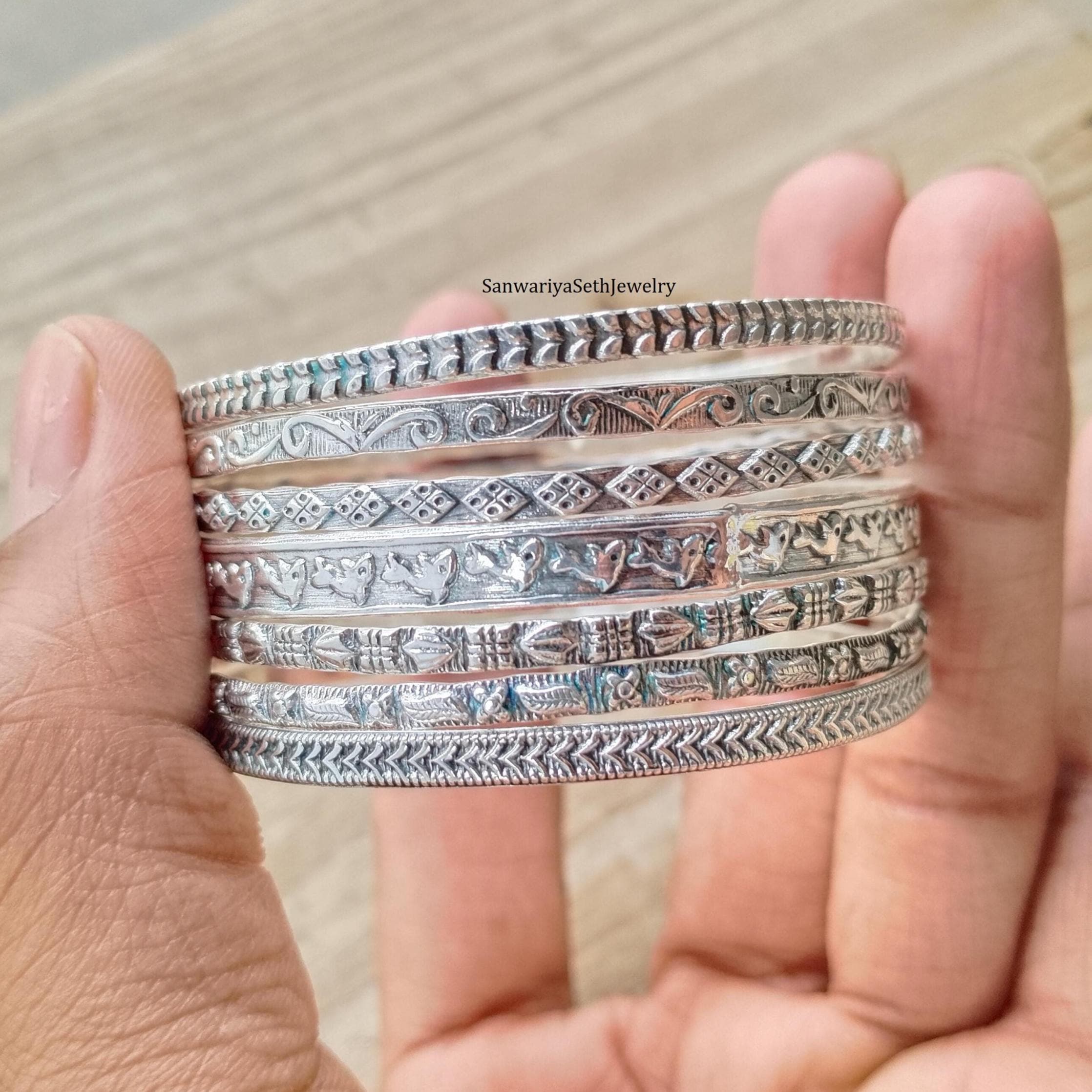 Sterling Silver Bangle Set: 7-day Semanario Stacking Bracelets - Etsy