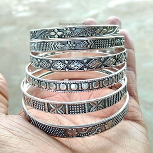 Sterling Silver Bangle Set: Boho Cuff Bracelet, West Indian Style