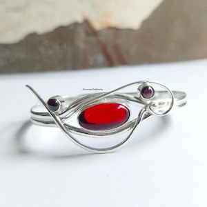 Red Garnet Bangle Bracelet – Handmade Adjustable Cuff in Sterling Silver, January Birthstone Jewelry, Gift for Her, Anniversary&quot;