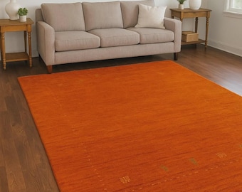 Hand-Knotted Orange Wool Gabbeh Rug – Tribal Border Design – Custom Size Modern Neutral Handmade Handloom Area Rug For Home & Office Decor