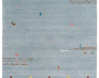 Hand Loom Gabbeh Wool Rug, Sky Blue Tribal Area Rug, Handmade Indian Rug, Mirzapur Uttar Pradesh, Boho Decor Rug