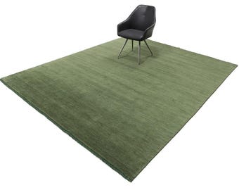 Handloom Wool Rug Green, Modern Solid Minimalist Area Soft Durable Low-Shed Texture, Handmade Natural Fiber, Scandinavian Contemporary rug