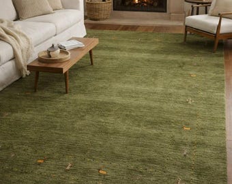 Olive Green Gabbeh Rug, Speckled Tribal Wool Area Rug, Handmade Persian Style Carpet, Boho Minimalist Living Room Rug