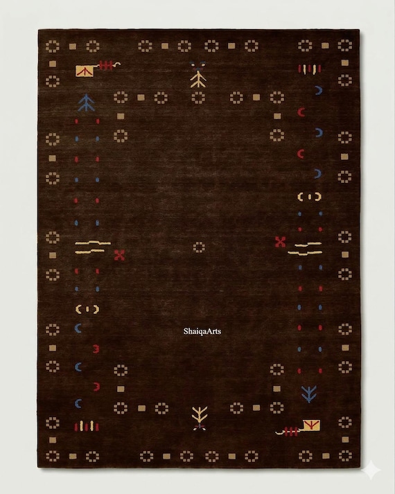Minimal Gabbeh Wool Rug Dark Brown, Handmade Tribal Area Rug, Border Animal Motif Carpet, Rustic Boho Living Room Rug