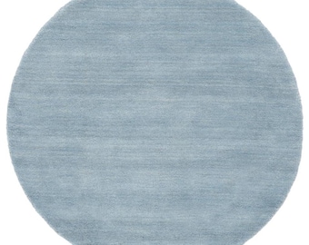 Round Hand Loom Wool Rug Soft Blue Minimalist Solid Color Modern Scandinavian Nursery Handmade Area Rug