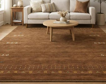 Brown Hand Loom Gabbeh Rug, Minimal Tribal Wool Area Rug, Solid Rustic Carpet with Geometric Border, Living Room Bedroom Rug
