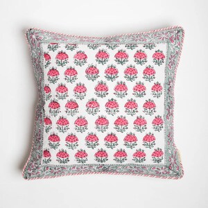 Pink Floral Cushion Cover in Hand Block Print Cotton Square Bohemian Pillow Covers Boho Trim Pillows Cushion