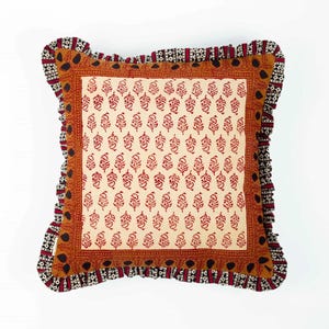 Block Print Ruffled Cushion Cover With Frill Cotton Throw Pillows, bohemian pillow cushion cover vintage home decor frill cushion -Pack of 2