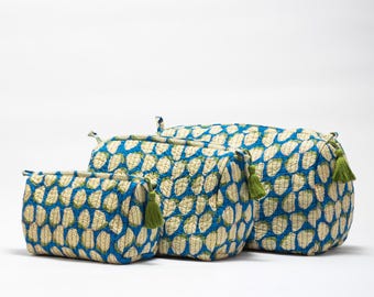 Set of 3 Hand Block Print Cotton Toiletry Bags – Waterproof Lined Travel Pouches