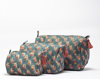 Set of 3 Quilted Toiletry Bags, Hand Block Print Cotton Cosmetic Bag