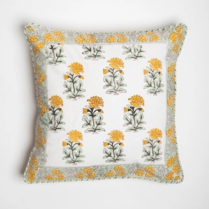 Yellow Block Print Pillow Covers, Throw Pillow, Designer Pillow Cover, Hand Blocked Cushion Cover, Decorative Linen Pillow Cover (Pack of 2)