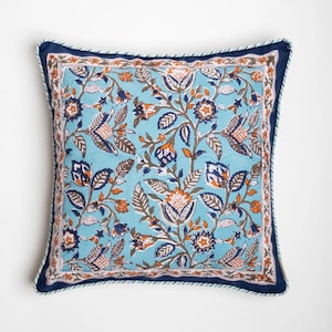 Blue Block Print Floral Pillow Cover, Designer Block Printed Throw Pillows, Decorative Cushion Cover, Cottage Core Linen Throw Pillow
