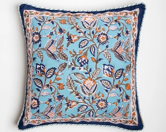 Blue Block Print Floral Pillow Cover, Designer Block Printed Throw Pillows, Decorative Cushion Cover, Cottage Core Linen Throw Pillow
