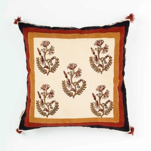 Cream Floral Pillow, Modern Designer Pillows, Charcoal Floral Throw Pillow, Block Print Pillow Cover, Brown Bagru Print Throw Pillow