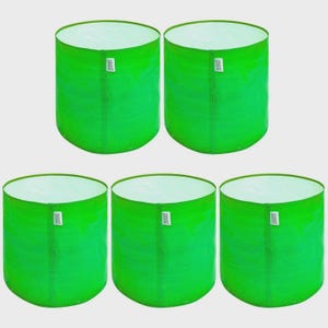 May include: Five green fabric plant pots with white interiors are displayed against a light background. The cylindrical pots have a label on the side and are designed for gardening. The pots are a vibrant green color.