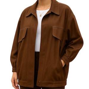 Unisex Brown Sheep Leather Bomber Jacket: Oversized Vintage Style