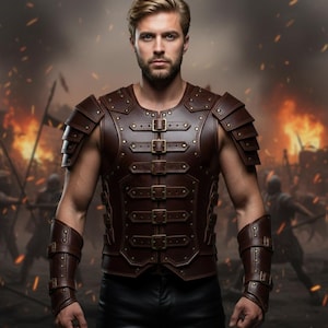 ハンドメイドレザー戦士ベスト - 中世剣闘士コスプレアーマー