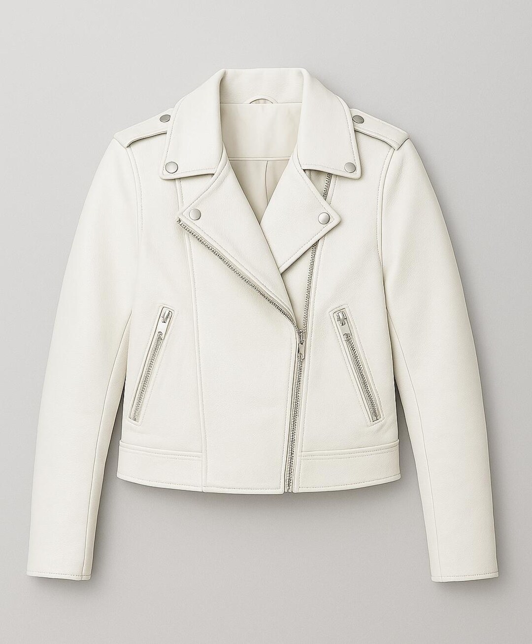 Handmade White Leather Biker Jacket: Slim Fit Moto With Silver