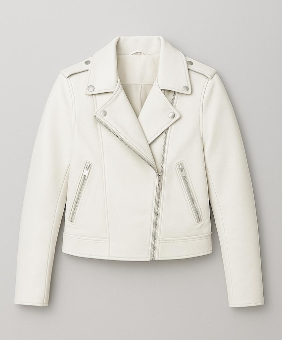 Handmade White Leather Biker Jacket: Slim Fit Moto With Silver