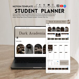 Studentenplaner Aufgabentracker, Akademische, Notion Universität, Studien Notion Vorlage, Dark Academia