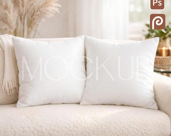 Mockup minimalista de duas almofadas quadradas, mockup de almofadas com estampa de tecido, modelo PSD de almofada dupla boho