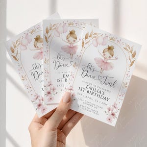 May include: Three invitation cards with a ballerina theme. Each card features a watercolor illustration of a ballerina in a pink tutu, the text "Let's Dance", and event details. Floral and gold accents frame the design.