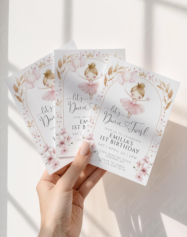 May include: Three invitation cards with a ballerina theme. Each card features a watercolor illustration of a ballerina in a pink tutu, the text "Let's Dance", and event details. Floral and gold accents frame the design.