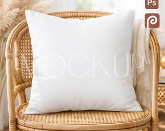 Minimalistic Square Pillow Mockup, Boho Cushion Template PSD, Fabric Pattern Pillows 16x16" Mock-up