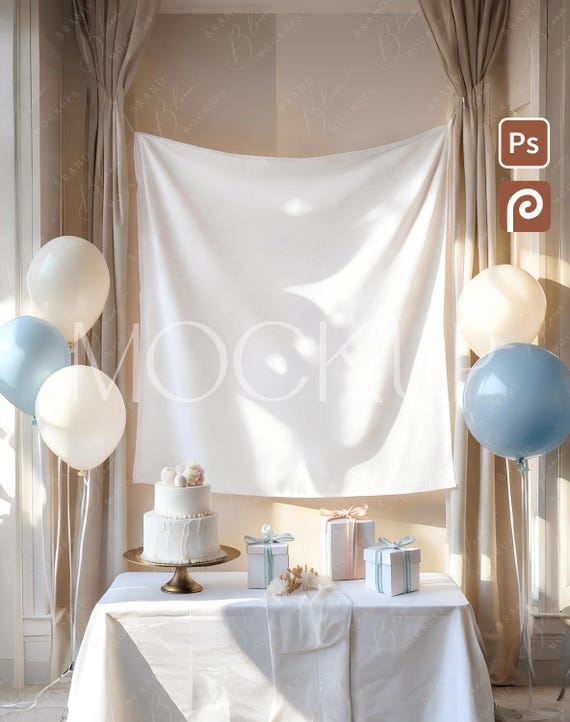 Birthday Party Tapestry Mockup, Wall Decor Fabric 50x60 Template, Baby Shower Hanging Banner Mock-up