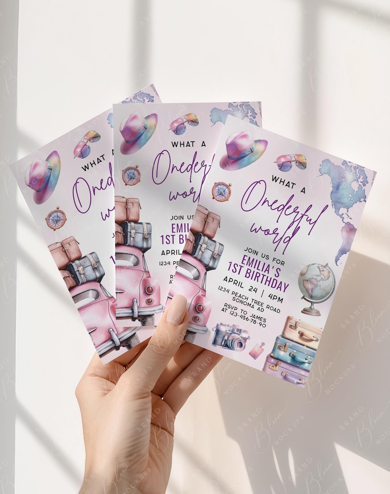 May include: Three invitation cards with a watercolor design. The cards feature a pink car loaded with luggage, a hat, sunglasses, a compass, and the text "What a Wonderful World." The invitation is for Emilia's 1st birthday.