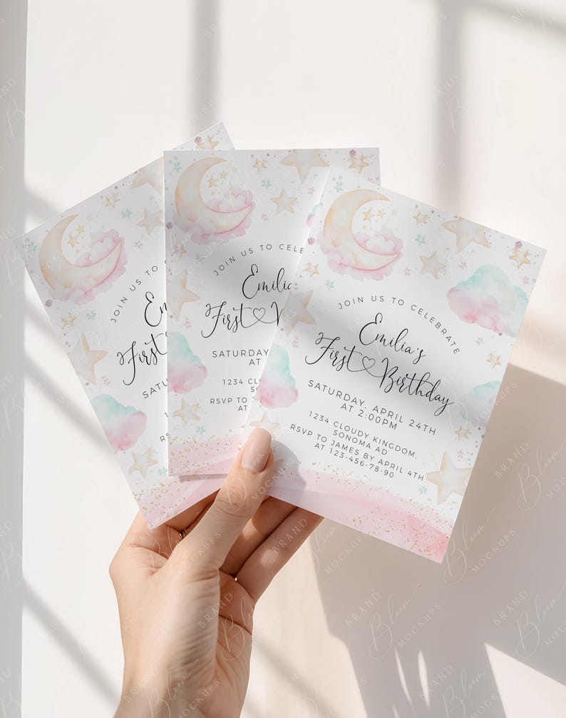 May include: Three baby shower invitations with a watercolor design. The invitations feature a crescent moon, stars, and clouds in pastel colors. The text reads "Join us to celebrate Emilia's First Birthday".