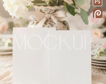 Doppelte Grußpostkarte 5x7 Mockup PSD, zweiseitige Hochzeitskartenvorlage, Grandmillenial Einladungsmockup