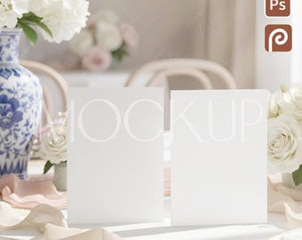 Grandmillenial Einladung Mockup, zweiseitige Hochzeitskarte Vorlage, doppelte Begrüßung Postkarte 5x7 Mock-up PSD