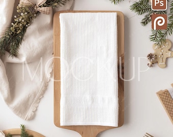 Holiday Theme Towel Gift Mock-up Smart Object Digital Download, Boho Kitchen Towel Template PSD, Christmas Tea Towel Mockup