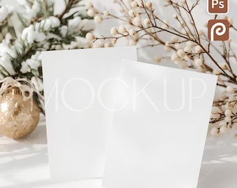 Xmas Winter Gift Card Mockup, Christmas Double Greeting Postcard Mockup, Holiday Invitation Mockup 5x7, Two Sides New Year Invitation Mockup