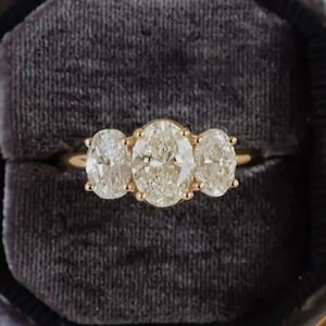 Three Stone Moissanite Engagement Ring, Vintage Solid Yellow Gold Unique Oval Wedding Ring, Simple Ring Bridal Anniversary Promise Ring