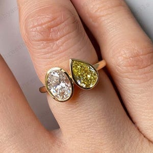 18K Gold Toi Et Moi Bezel Set Engagement Ring, Pear & Oval Cut Ring, 2 Stone Citrine Ring, Natural Gemstones, Symbolic Proposal Gift for Her