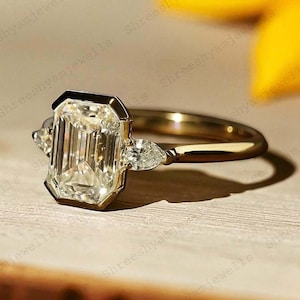 2 CT Emerald Cut Moissanite Engagement Ring 10K Gold Ring Bezel Set Wedding Rings Three Stone Emerald Cut Ring Moissanite Bezel Set Ring