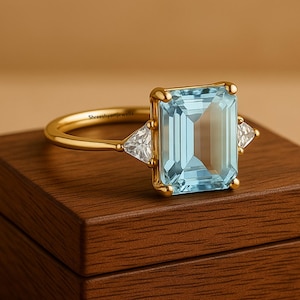 Natural Aquamarine 14K Solid Gold Ring/Engagement Ring For Women/Emerald Cut Aquamarine Ring/March Birthstone Ring/Gift For Her