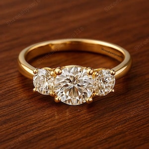 Förlovningsring i massivt guld med tre stenar, rundslipad moissanit, löftesring, frieriring, förlovningsring, jubileumspresent till kvinna och fru