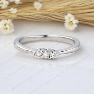 Moissanite Wedding Band, Solid Gold Eternity Band, Dainty Stackable Ring, Bridal Anniversary Band, Three Gemstone Stacking Band Gift For Her