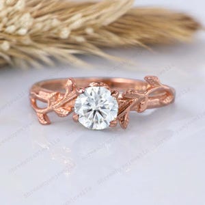 Nature Inspired Moissanite Engagement Ring - Twig Branch & Leaf Wedding Ring - Unique Rose Gold Vine Moissanite Promise Ring  - Leaf Branch