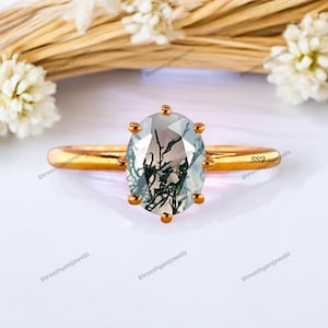 Anillo de compromiso de ágata musgosa natural, anillo solitario de piedra preciosa, anillo de oro macizo para mujer, anillo de bodas, regalo de aniversario, regalo de ágata verde