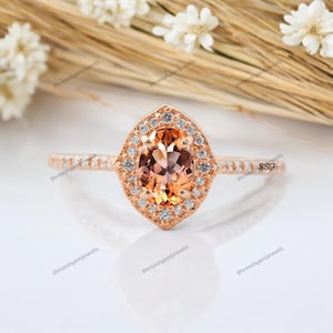 Morganit Brautring, Vintage Birthstone Schmuck, Versprechen Ring für Sie, Oval Cut Geburtstagsgeschenk, 14k Rose Gold Verlobungsring