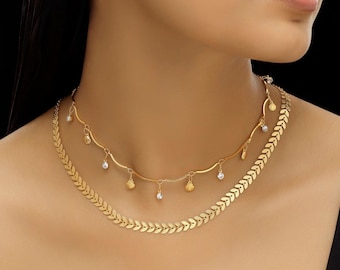 Gold Layered Necklace Set – Dainty Shell Pendant & Herringbone Chain – Bridesmaid Gift, Minimalist Jewelry for Her, Summer Wedding Accessory