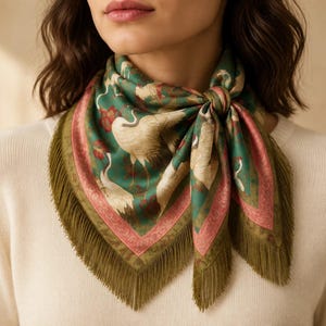 Crane Print Fringe Scarf, Vintage Style Satin Square Scarf, Gold Tassels, 70cm