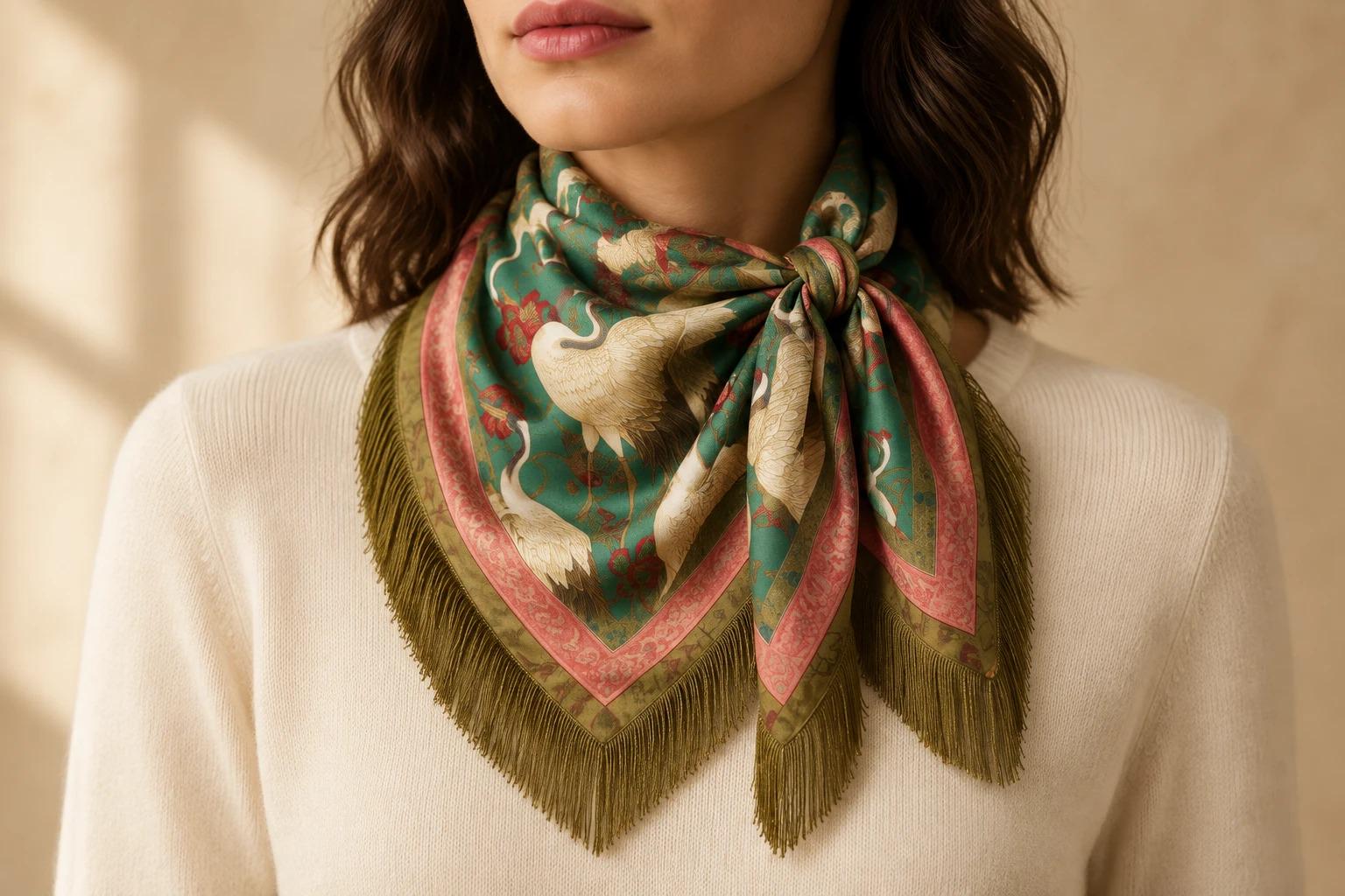 Crane Print Fringe Scarf, Vintage Style Satin Square Scarf, Gold Tassels, 70cm