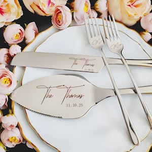 Personalized Wedding Cake Cutting Set with Engraved Knife Server Forks for Bride Groom Gift, Custom Date Name Keepsake Silver Flatware